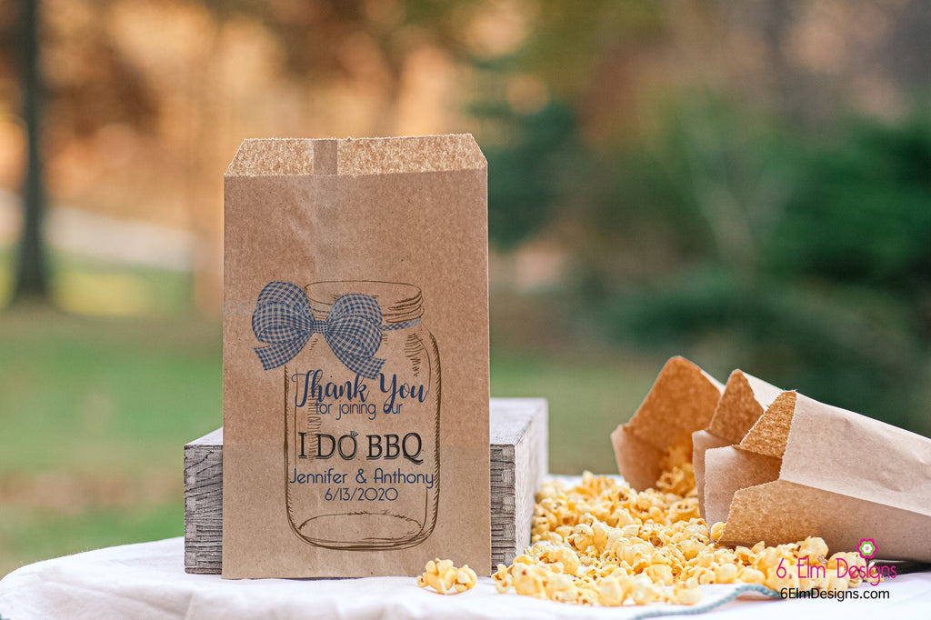 I Do BBQ Personalized Wedding Favor Bags - Country Wedding Candy Bar - Blue Gingham Bow Mason Jar Favor Bags for Weddings