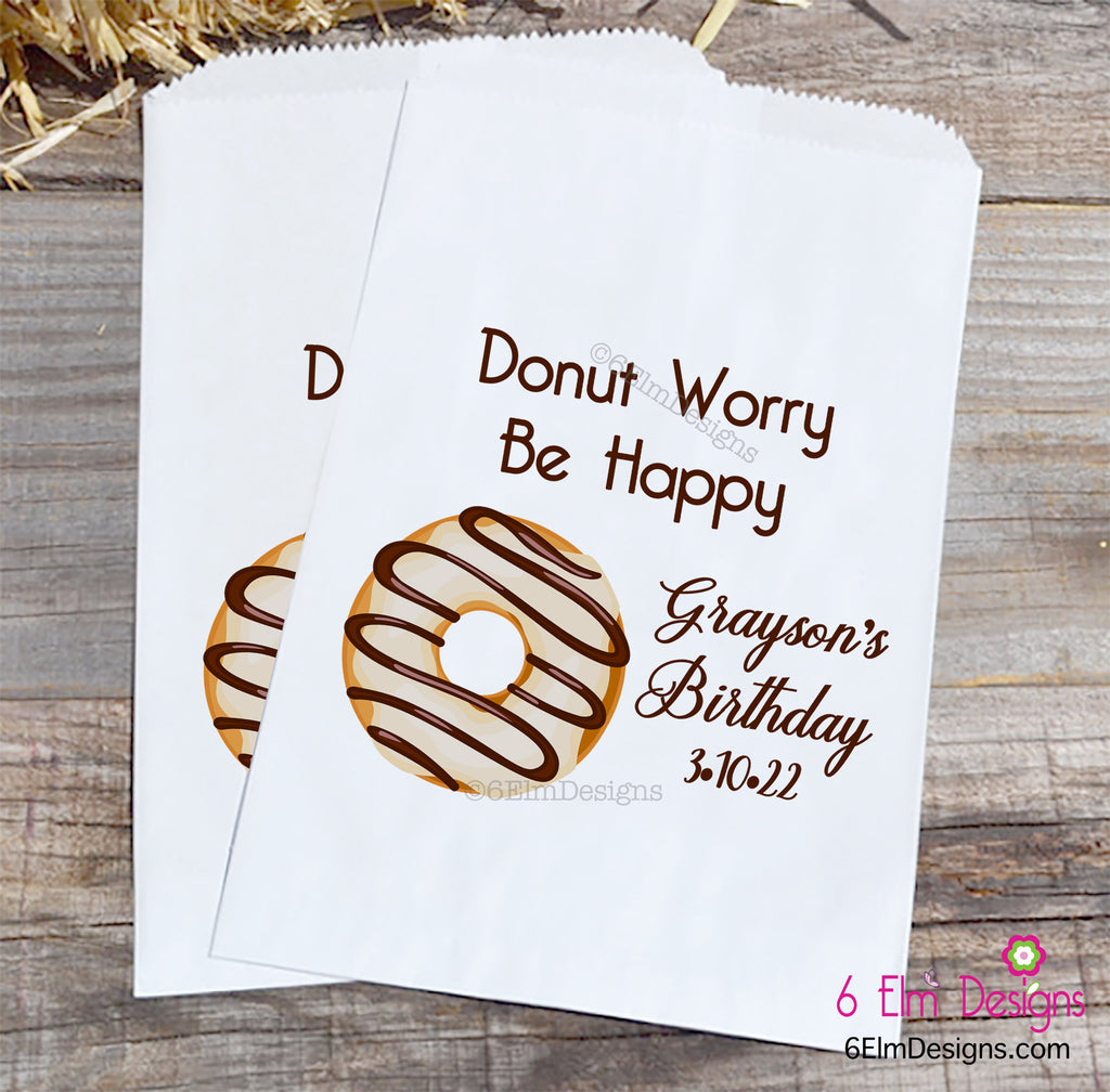 Donut Bags for Birthday Party, Doughnut Bags, Donut Worry Be Happy Personalized Goodie Bag