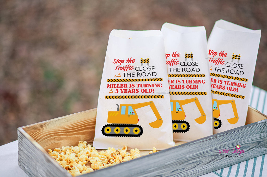 Construction Excavator Personalized Birthday Goodie Bags, Backhoe Bags Boys Party Favors