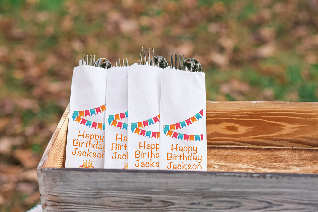 Happy Birthday Cake and Banners Silverware Bags Utensil Flatware Bags