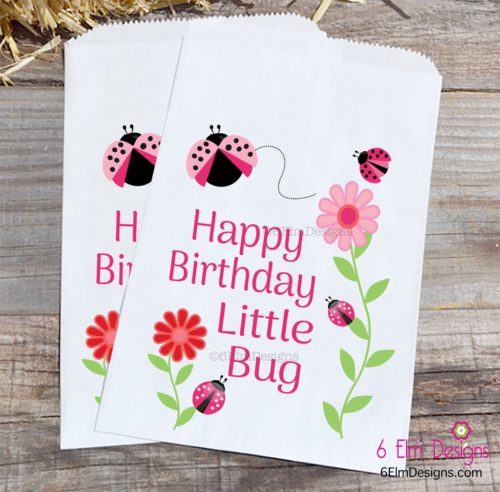 Happy Birthday Little Bug Pink Ladybug Kids Party Favor Bags, Birthday Favor Goodie Bags