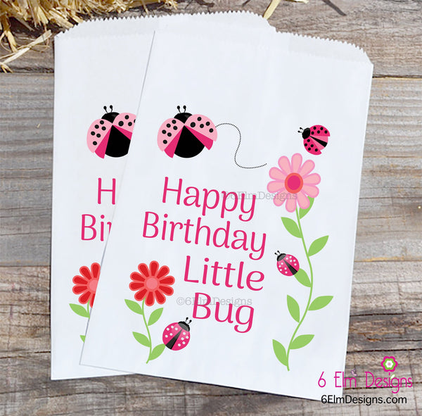 Happy Birthday Little Bug Pink Ladybug Kids Party Favor Bags, Birthday – 6  Elm Designs