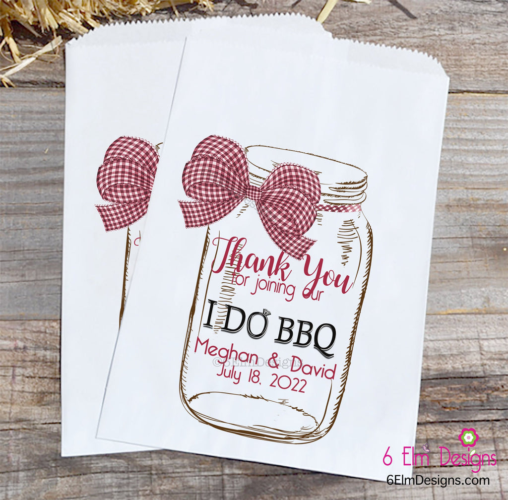 I Do BBQ Personalized Wedding Favor Bags - Country Wedding Candy Bar - Red Gingham Bow Mason Jar Favor Bags for Weddings