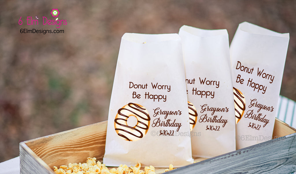 Donut Bags for Birthday Party, Doughnut Bags, Donut Worry Be Happy Personalized Goodie Bag