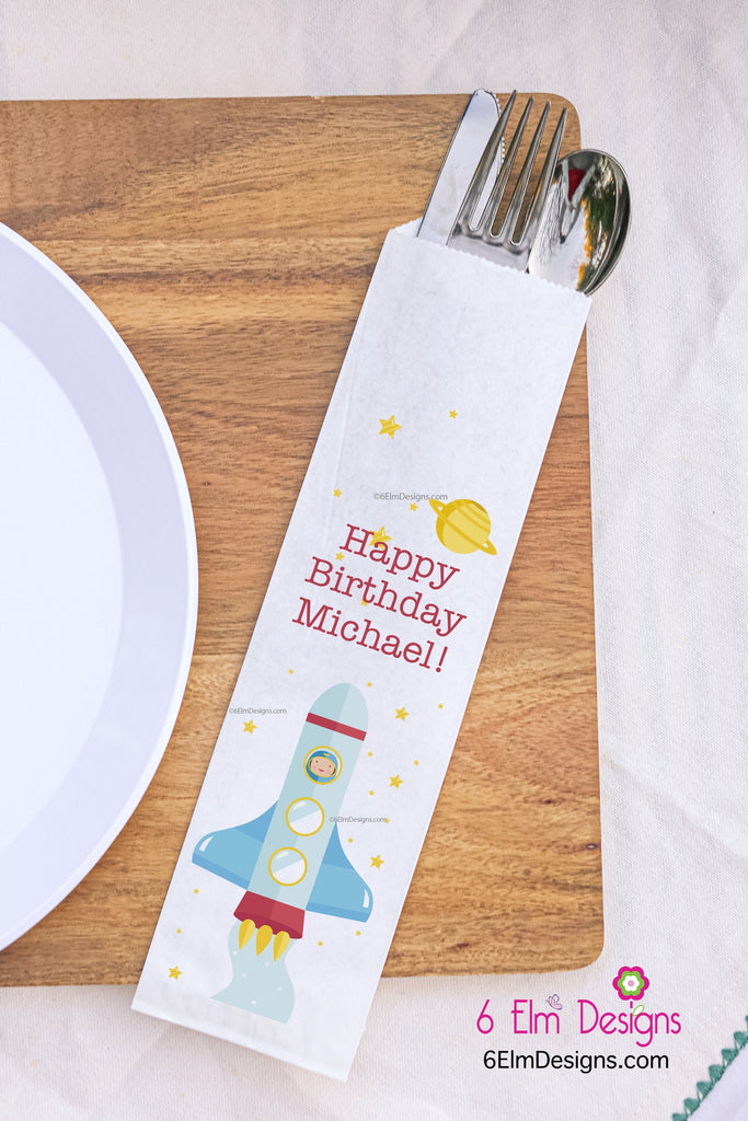 Outer Space Birthday Silverware Bags, Rocket Ship Utensil Bags, Personalized Blast Off Party Silverware Bags