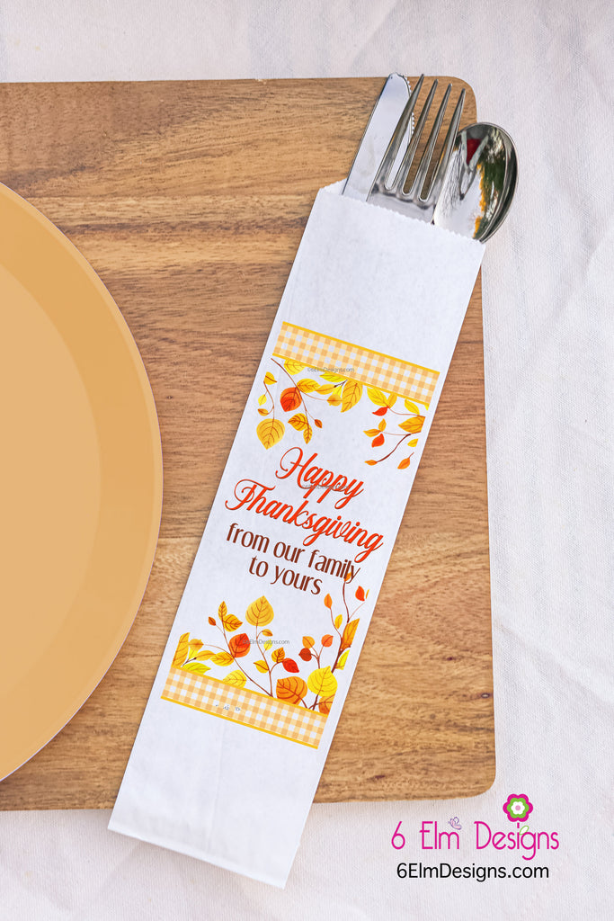 Thanksgiving Fall Leaves and Gingham Silverware Utensil Flatware Bags Happy Thanksgiving from our Family to Yours