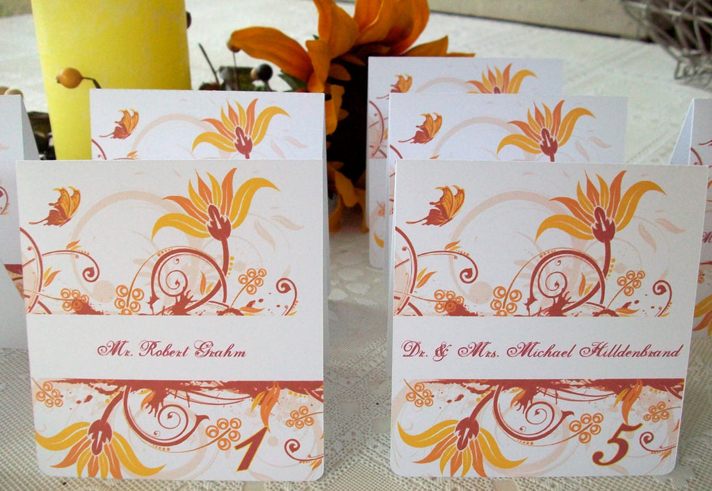 Flowers, Butterfly and Flourish Personalized Escort Cards