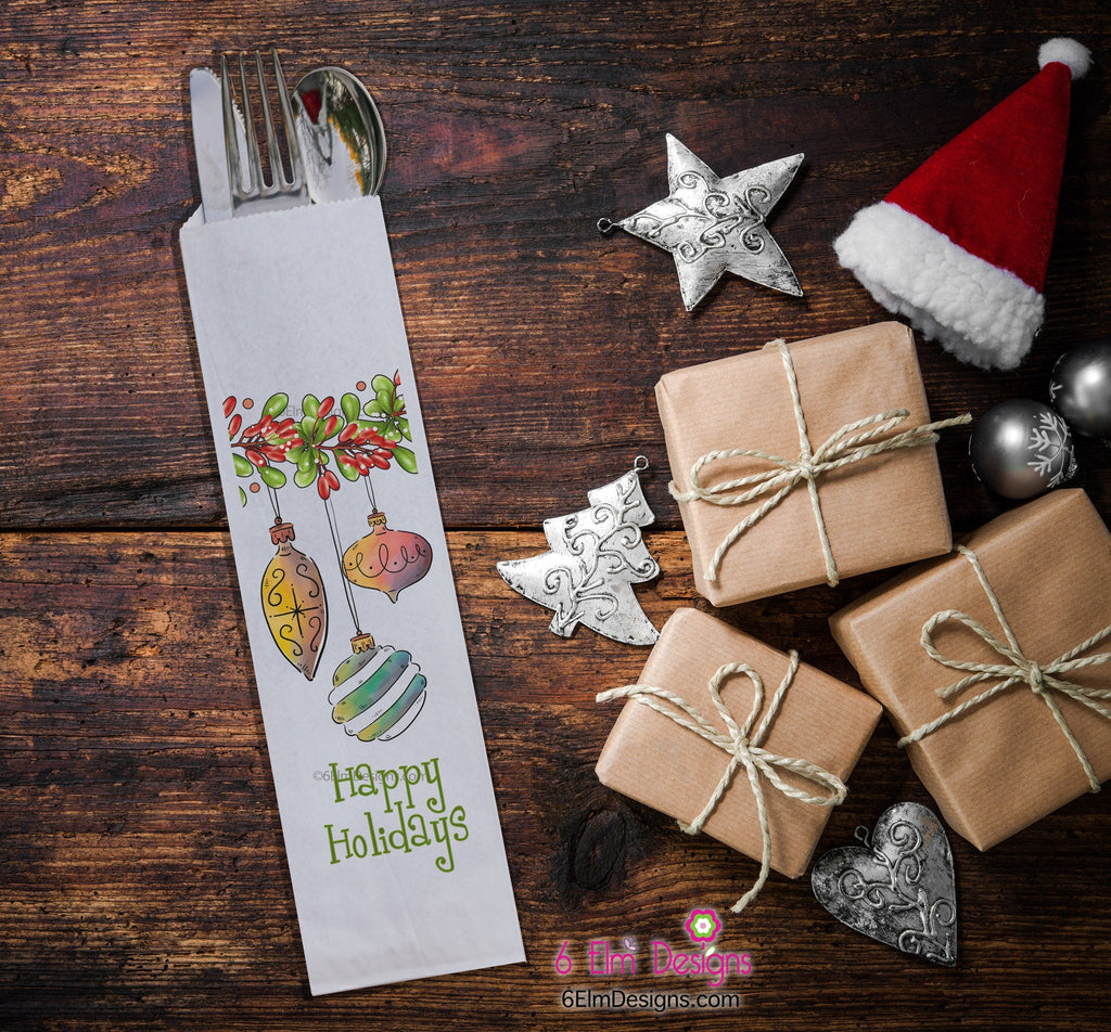 Happy Holidays Ornaments Silverware Bags, Christmas Utensil Holders, Christmas Flatware Bags, Christmas Silverware Pouches