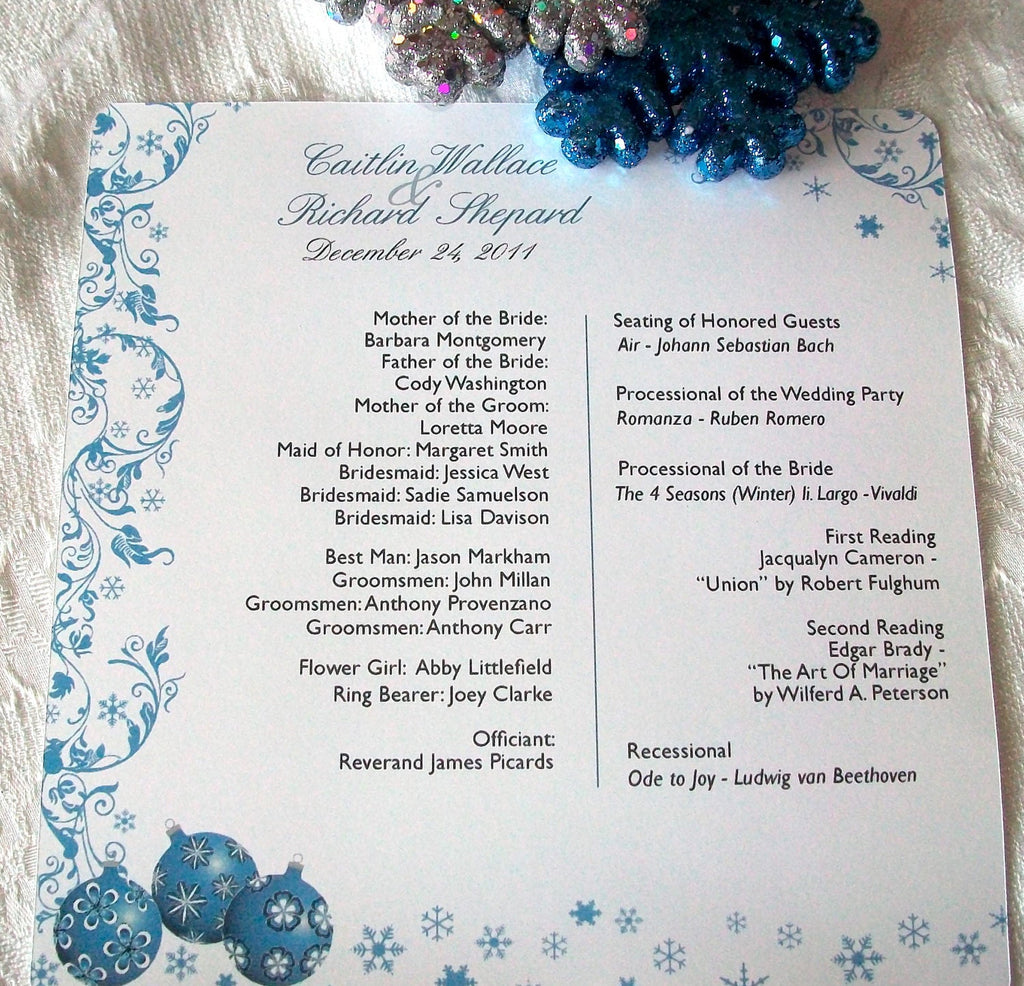 Winter Snow Ornament Christmas Personalized Wedding Programs