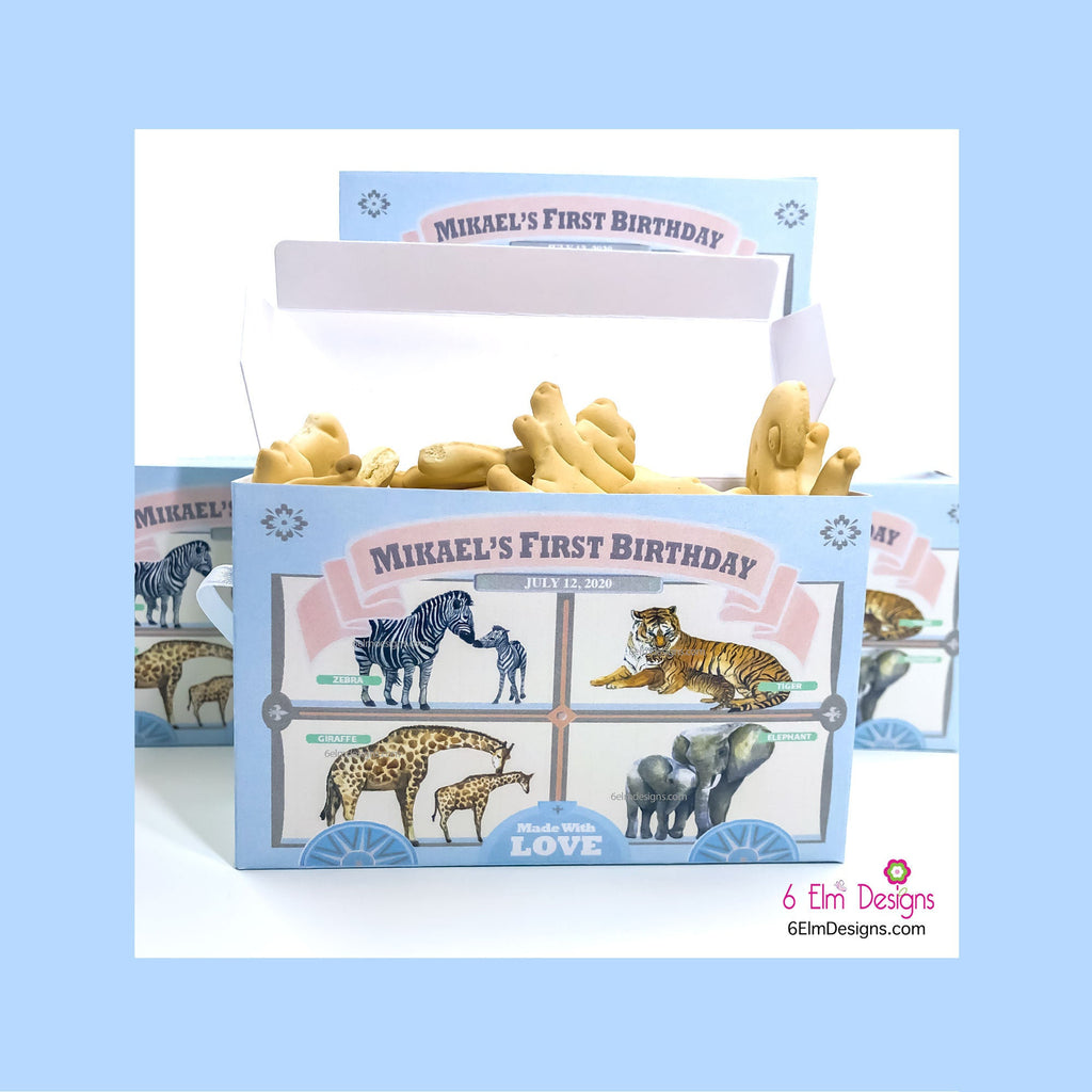 Baby Blue Custom Animal Cracker Boxes, Animal Cookie Boxes, Pastel Blue and Peach