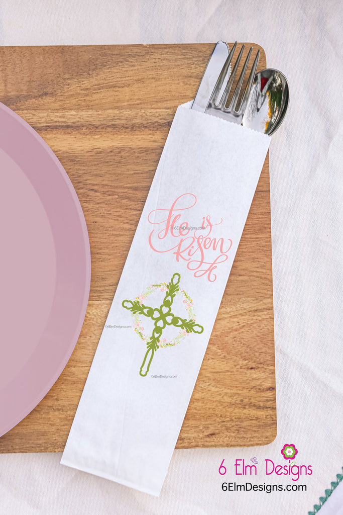 He is Risen Easter Silverware Utensil Flatware Bags, Easter Silverware Pouches with Cross