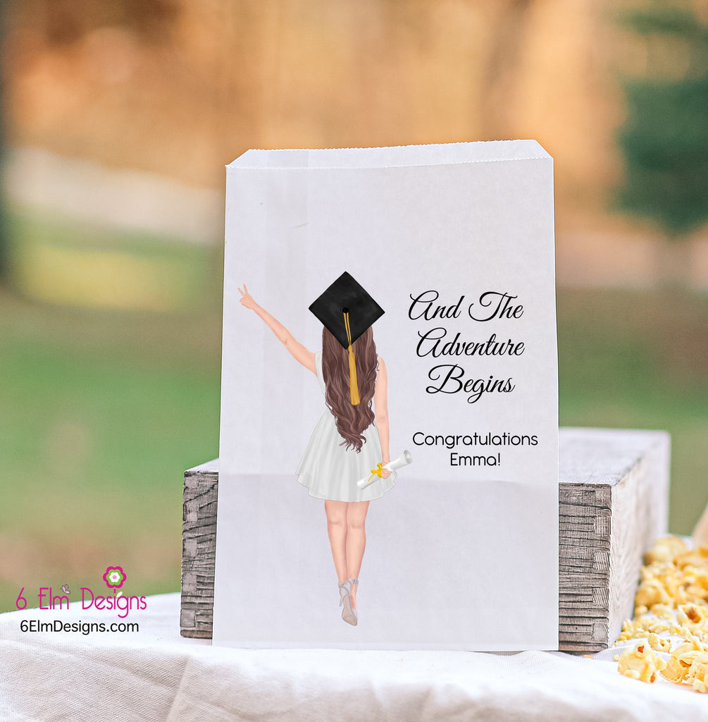 And The Adventure Begins, Girl Class of 2024 Personalized Favor Bags for Popcorn or Candy Bars Customized Hair, Cap and Skin Color