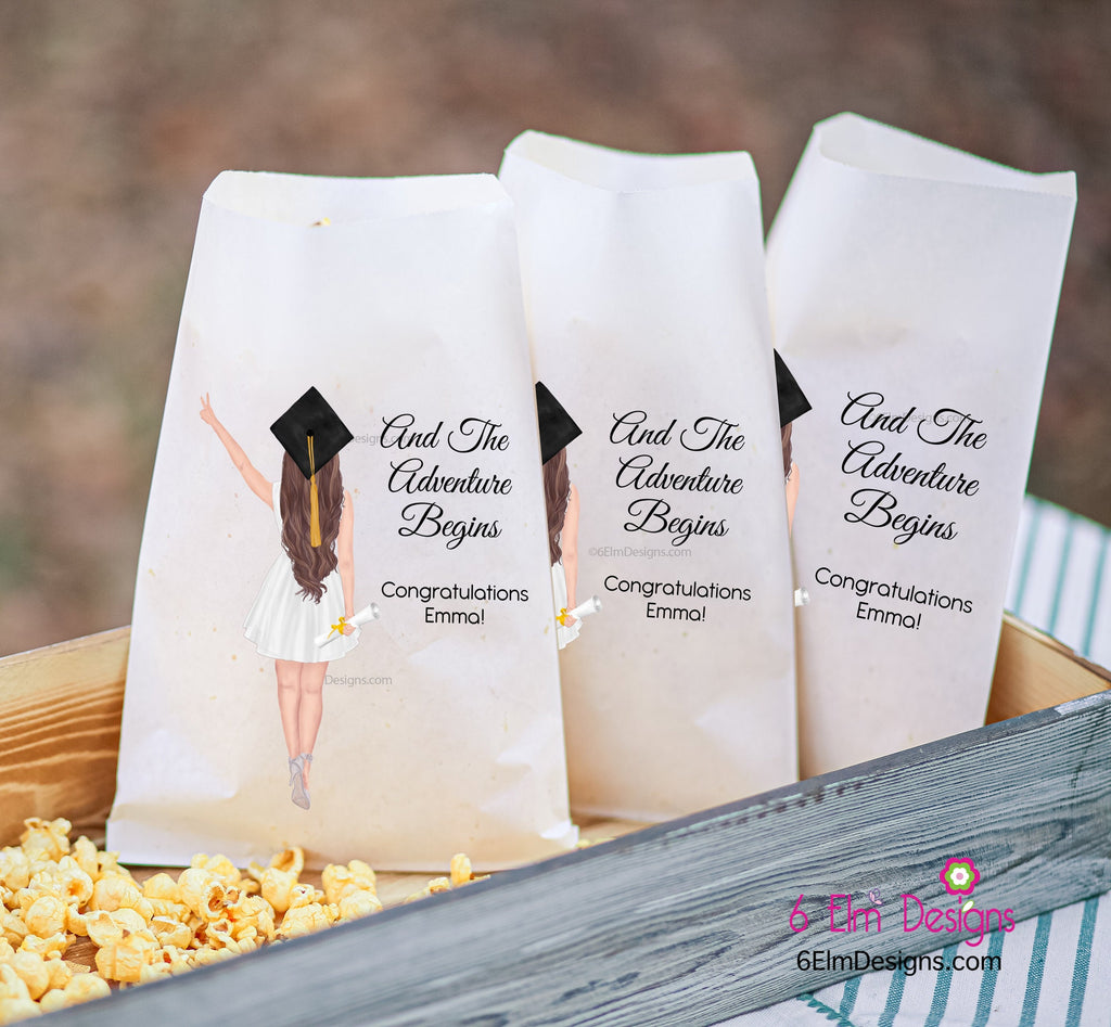 And The Adventure Begins, Girl Class of 2024 Personalized Favor Bags for Popcorn or Candy Bars Customized Hair, Cap and Skin Color