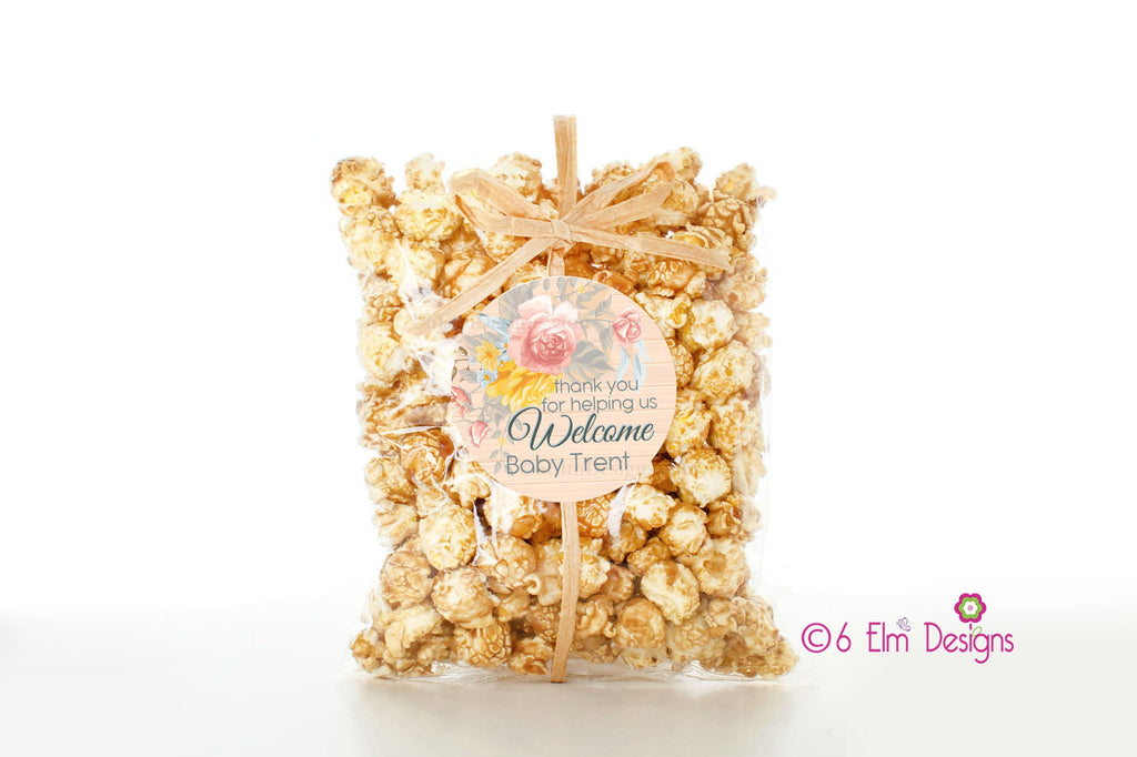Welcome Baby Floral Wood 2" Sticker, Cookie Bag Label for Baby Shower, Personalized Sticker