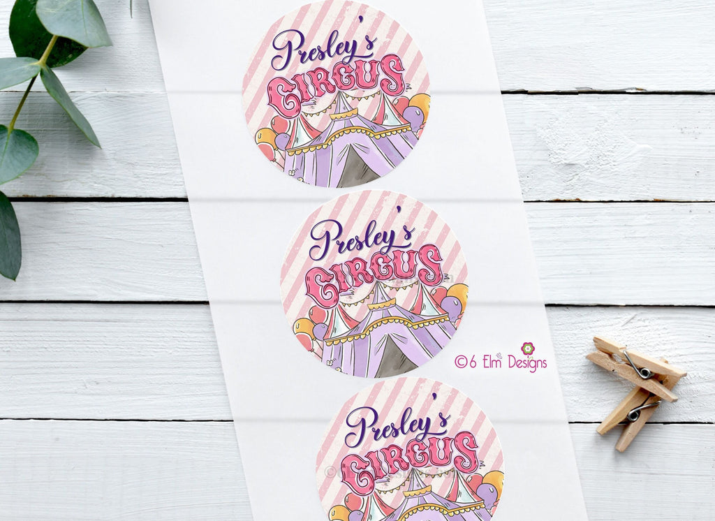 Pink and Purple Circus Tent 2" Gloss Sticker, Label for Circus Birthday or Baby Shower, Personalized Sticker
