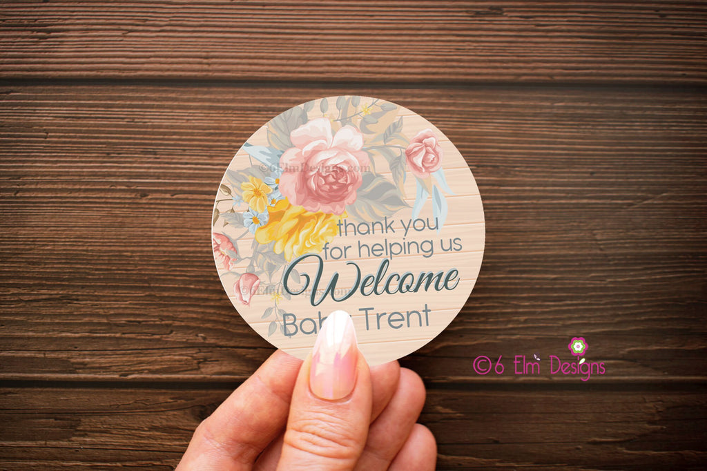 Welcome Baby Floral Wood 2" Sticker, Cookie Bag Label for Baby Shower, Personalized Sticker