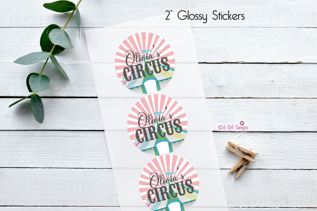 Pastel Circus Tent 2" Gloss Sticker, Label for Circus Birthday or Baby Shower, Personalized Sticker