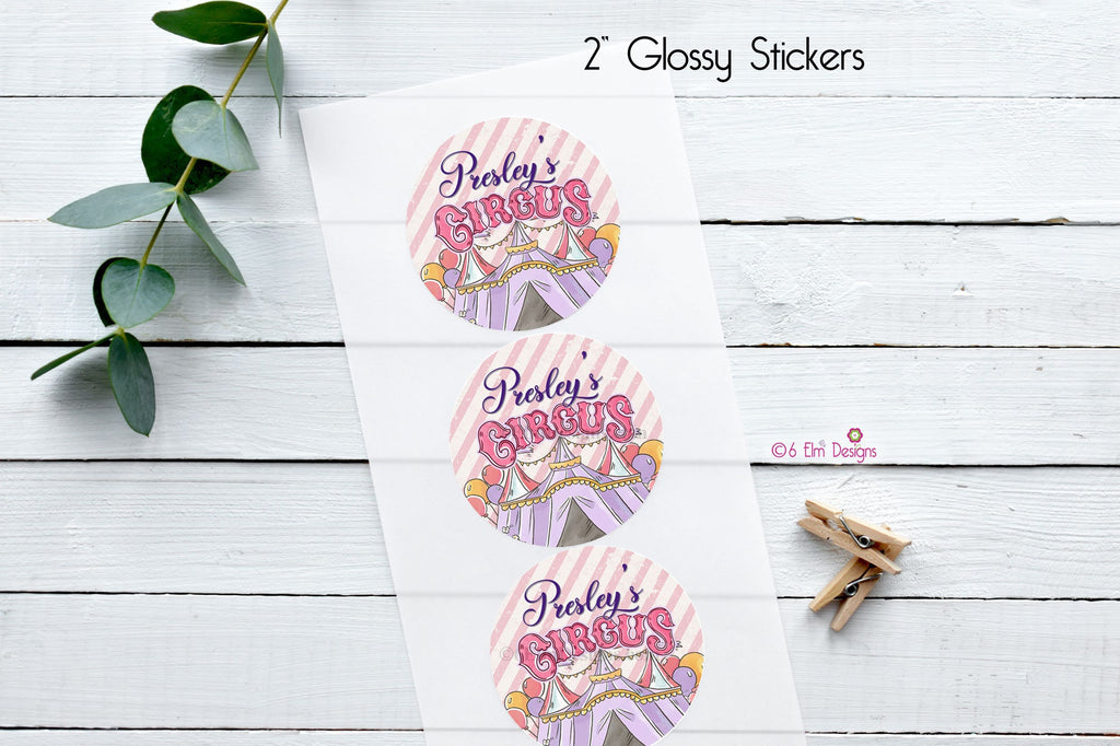 Pink and Purple Circus Tent 2" Gloss Sticker, Label for Circus Birthday or Baby Shower, Personalized Sticker