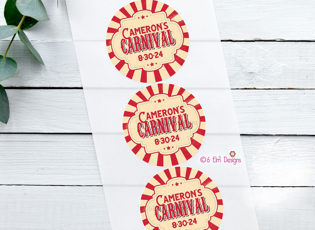 Red Vintage Carnival Stickers 2" Gloss Sticker, Label for Carnival Birthday or Baby Shower, Personalized Sticker