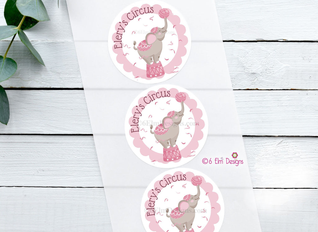 Pastel Pink Circus Elephant 2" Gloss Sticker, Label for Circus Birthday or Baby Shower, pink carnival theme party