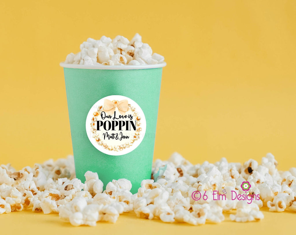 Our Love is Poppin Popcorn Wreath Stickers, Popcorn Wedding Labels, Rehearsal Party Favor Stickers, Welcome Bag Snacks