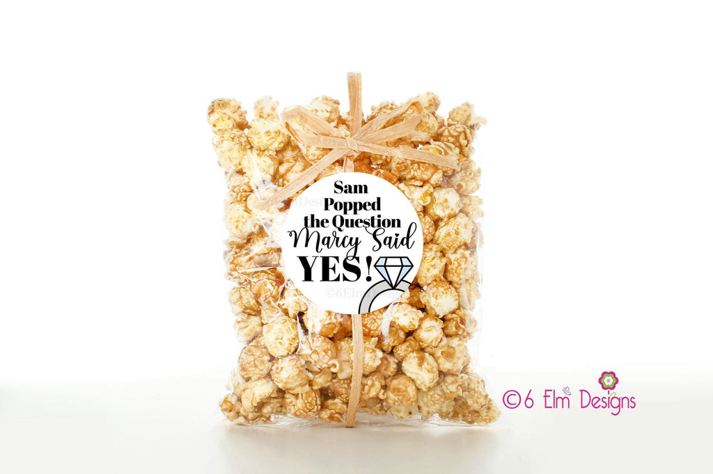 Popped the Question Engagement Stickers, Popcorn Engagement Labels, Rehearsal Party Favor Stickers, Welcome Bag Snacks