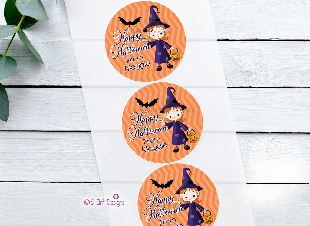 Happy Halloween Witch Stickers, Personalized 2" Gloss Stickers, Halloween Party Favor