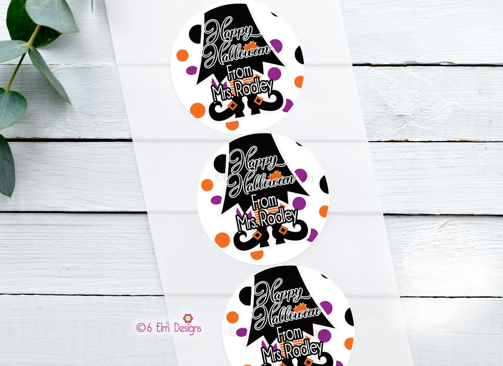 Happy Halloween Witches Feet Stickers, Personalized 2" Gloss Stickers, Halloween Party Favor