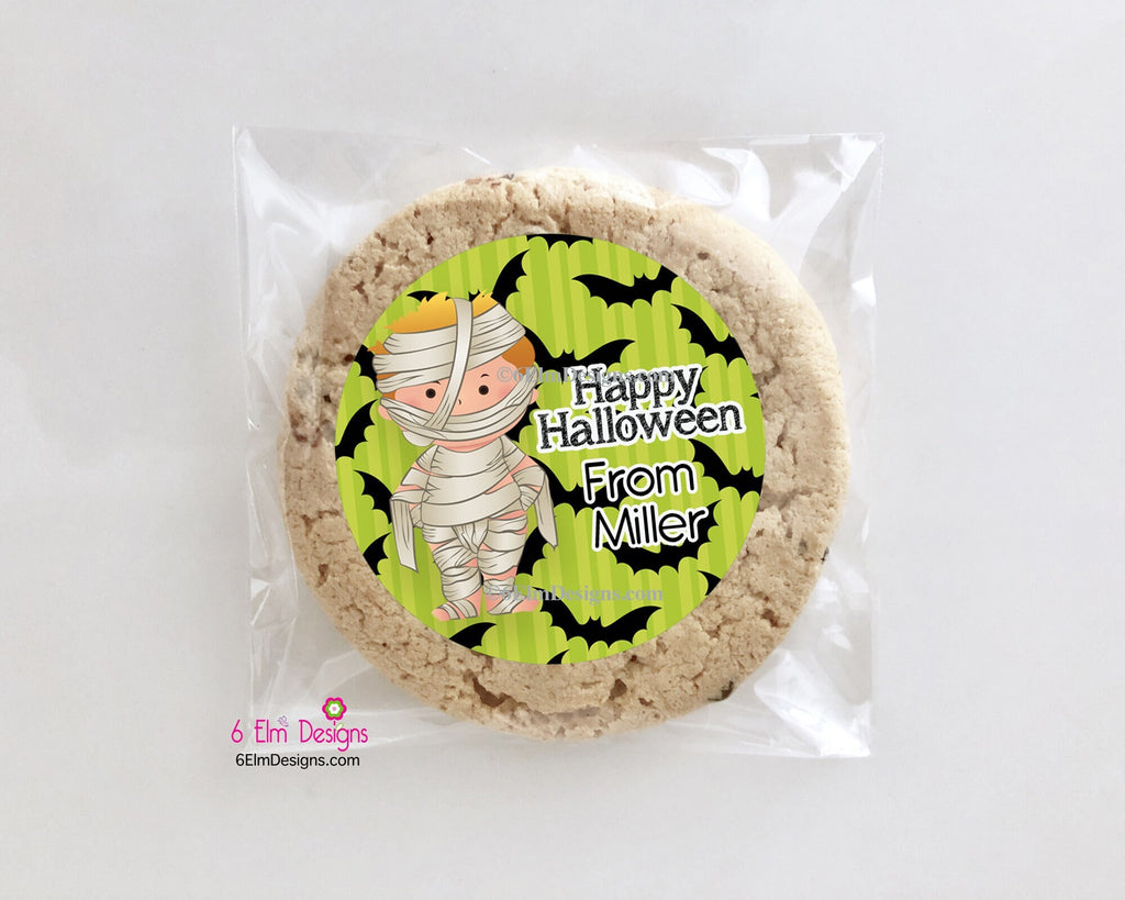 Happy Halloween Mummy Stickers, Personalized 2" Gloss Stickers, Halloween Party Favor