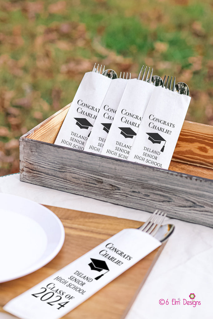 Class of 2024 Bold Graduation Party Silverware Utensil Flatware Bags Pouches, School Name and Graduates Name