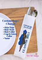 Class of 2024 African American Girl Black Dress Graduation Party Silverware Utensil Flatware Bags Pouches, Custom Colors names and Skintone