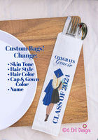 Class of 2024 Graduation Silverware Bags Pouches, Graduation Silverware Wrapper Custom Colors names and skintone Girl Black Dress