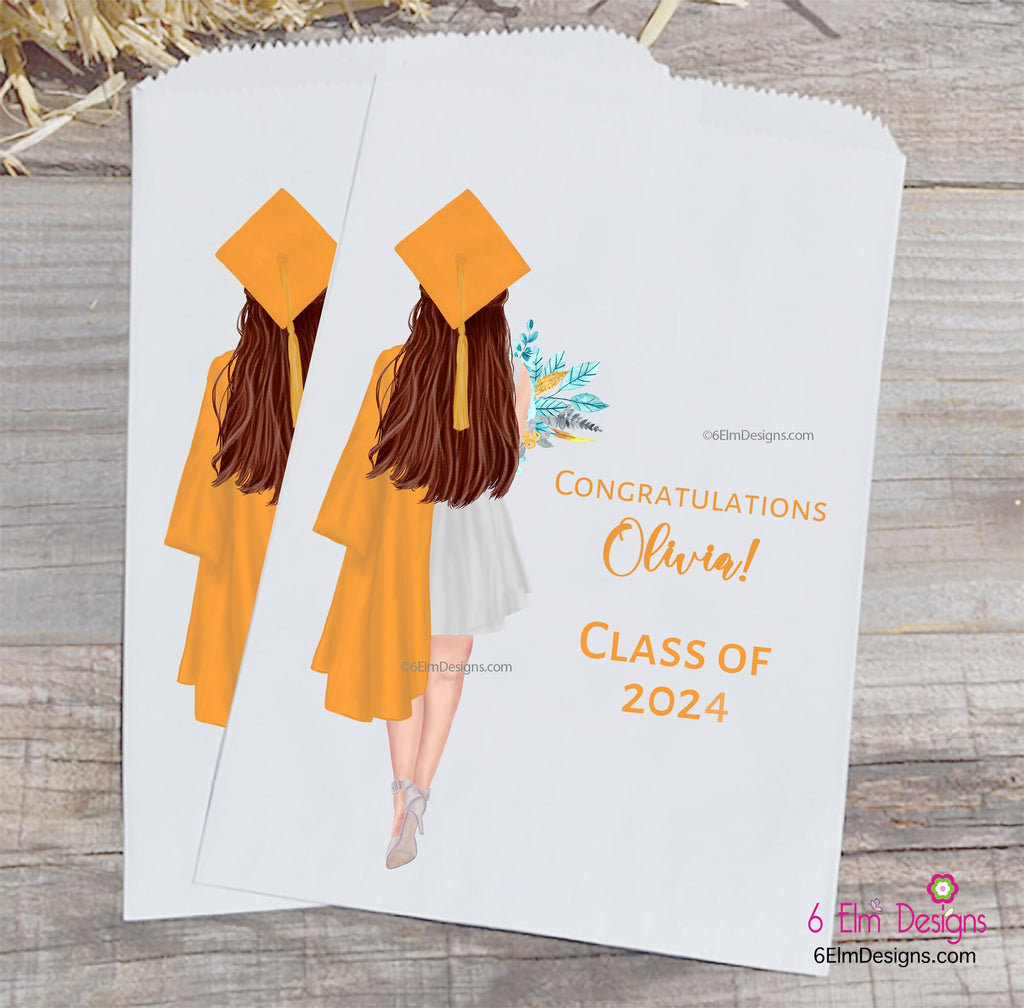 Graduation Girl with Flowers Class of 2024 Personalized Favor Bags for Popcorn or Candy Bars Customized Hair, Robes Skin Color