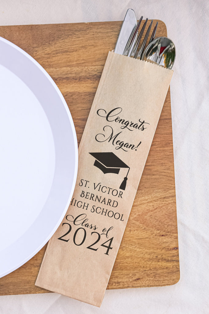 Class of 2024 Graduation Party Silverware Utensil Flatware Bags Pouches, Kraft Paper School Name and Graduates Name