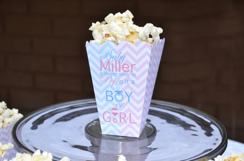 Gender Reveal Party Popcorn Boxes, Baby Sex Unknown Shower, Popcorn Box Favors, Popcorn Bar, Candy Bar, Pink and Blue Boxes, Boy or Girl