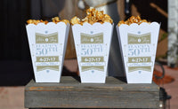 15 Personalized 50th Golden Anniversary Party Popcorn Bar Boxes with Names and Date