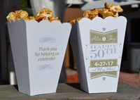 15 Personalized 50th Golden Anniversary Party Popcorn Bar Boxes with Names and Date