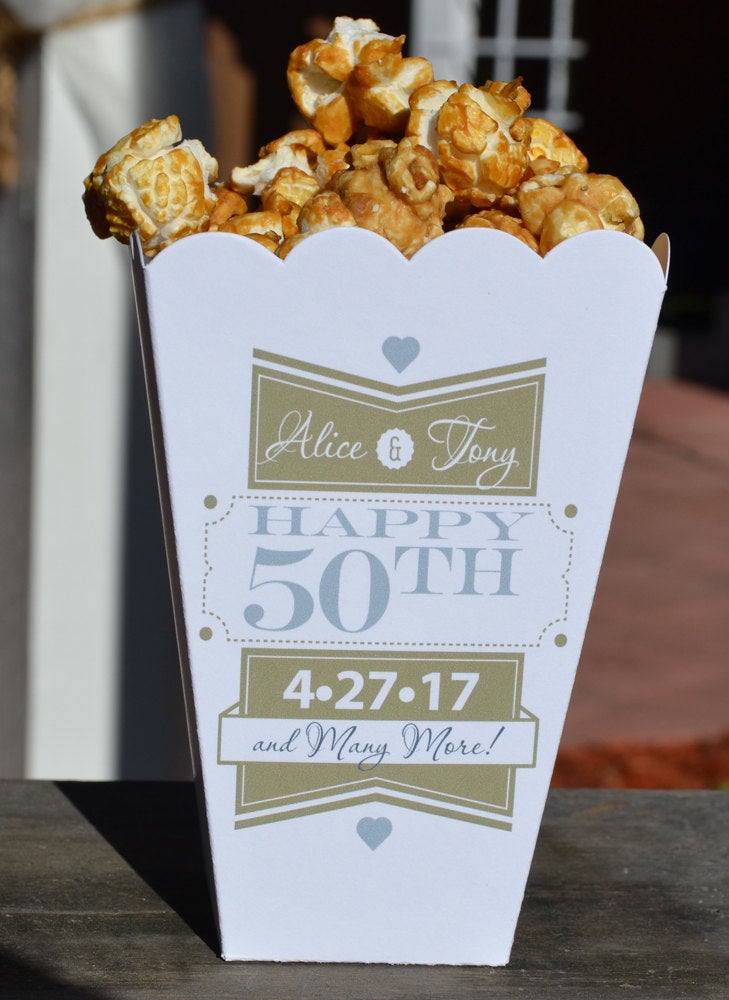 15 Personalized 50th Golden Anniversary Party Popcorn Bar Boxes with Names and Date